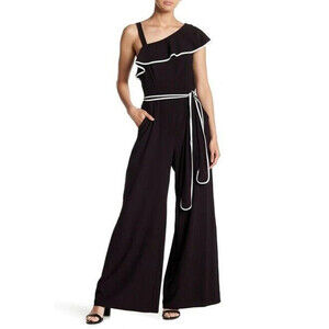Gabby Skye One Shoulder Ruffle Gaucho Jumpsuit Black & Ivory Size 10 $150